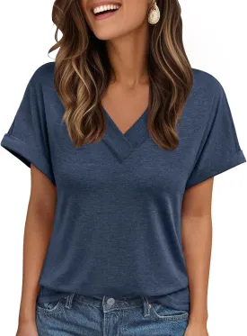 AUTOMET Womens Tops Short Sleeve T Shirt Summer V Neck Casual Top 2025 Spring Cute Basic Trendy Outfits Fashion