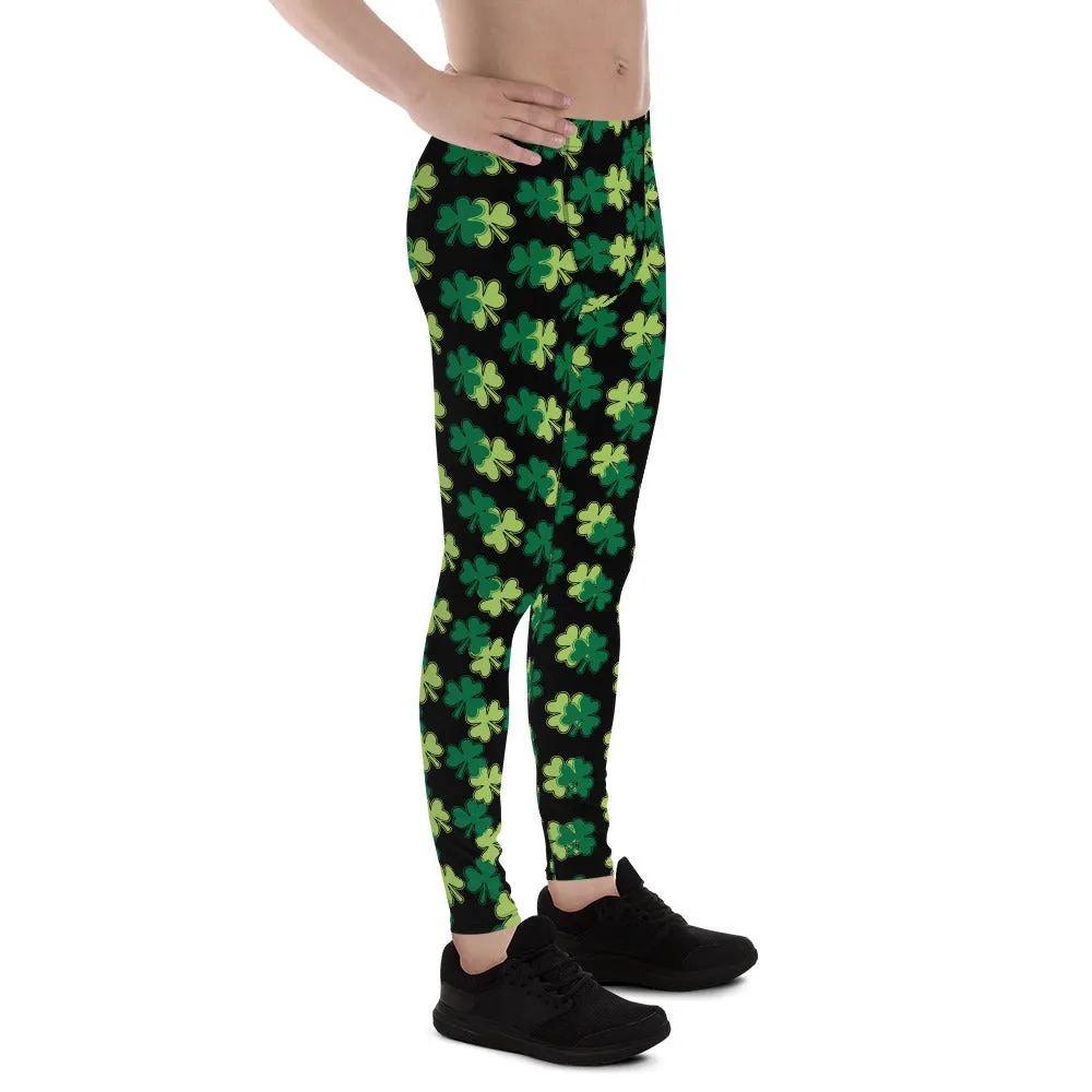 Black Green Clover Print Meggings, St. Patty's Day Festival Men's Leggings- Made in USA/MX/EU