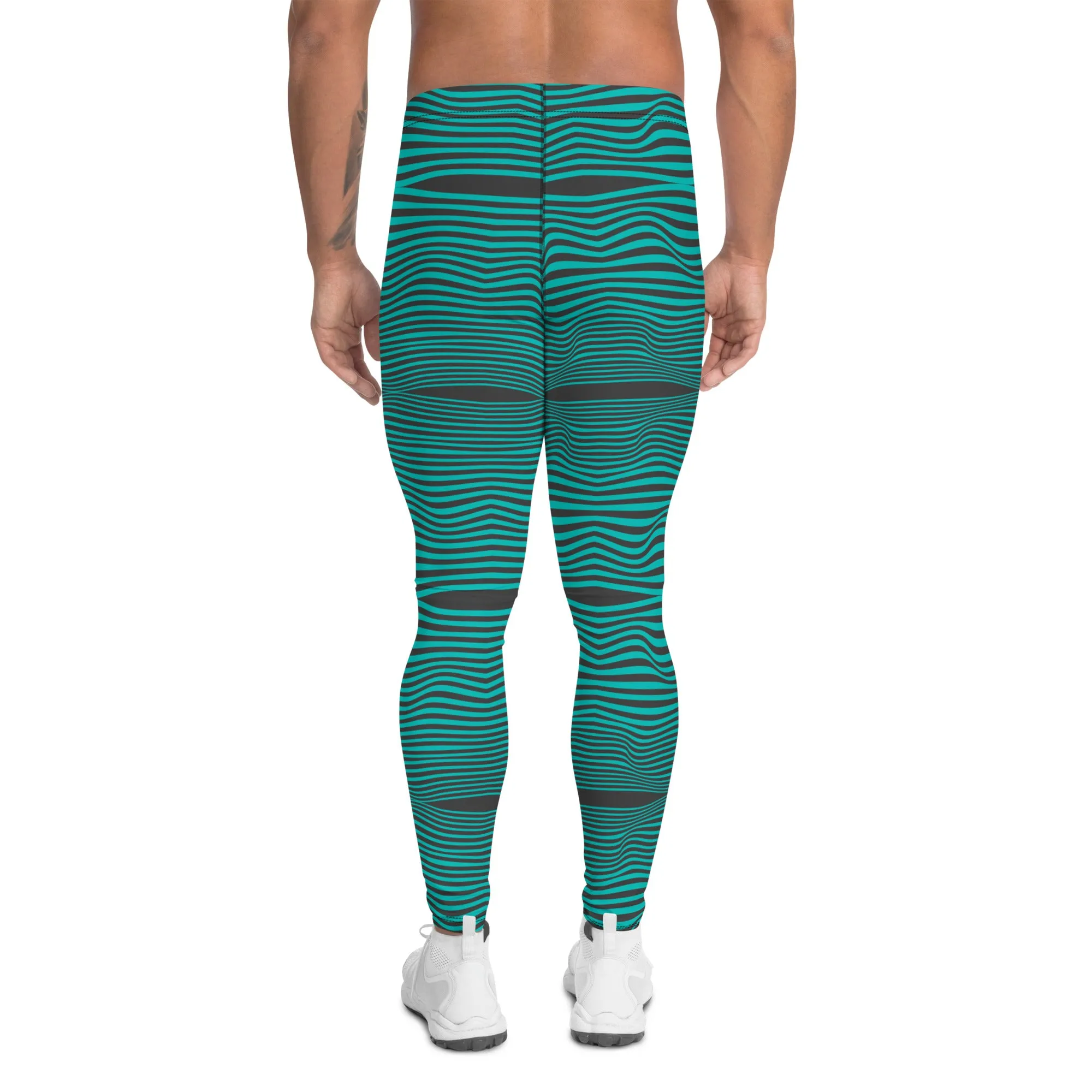 Blue Wavy Best Men's Leggings, Retro Style Wavy Designer Men's Compression Sports Tights - Made in USA/EU/MX