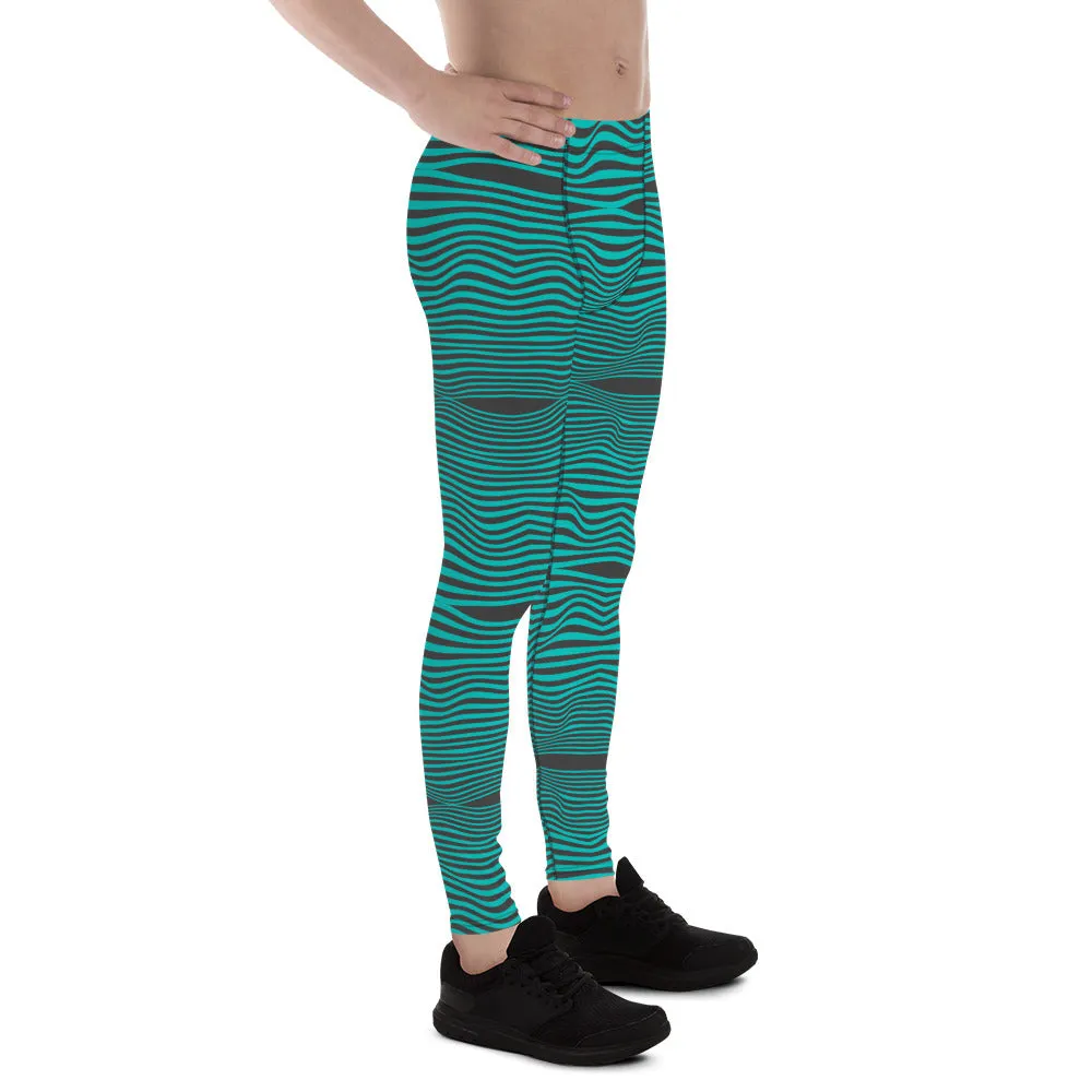 Blue Wavy Best Men's Leggings, Retro Style Wavy Designer Men's Compression Sports Tights - Made in USA/EU/MX