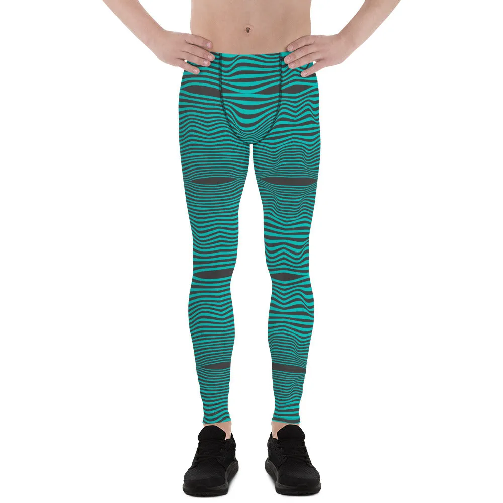 Blue Wavy Best Men's Leggings, Retro Style Wavy Designer Men's Compression Sports Tights - Made in USA/EU/MX