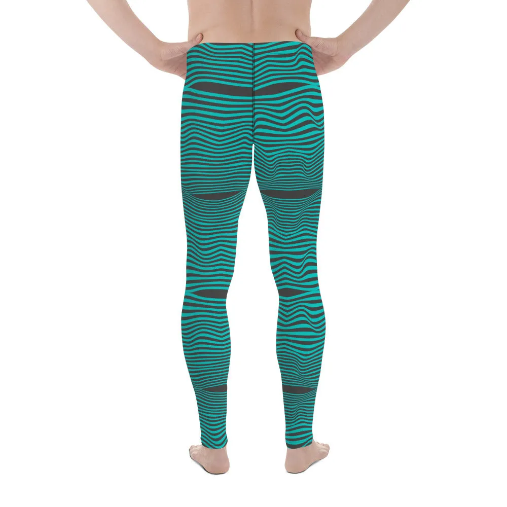 Blue Wavy Best Men's Leggings, Retro Style Wavy Designer Men's Compression Sports Tights - Made in USA/EU/MX