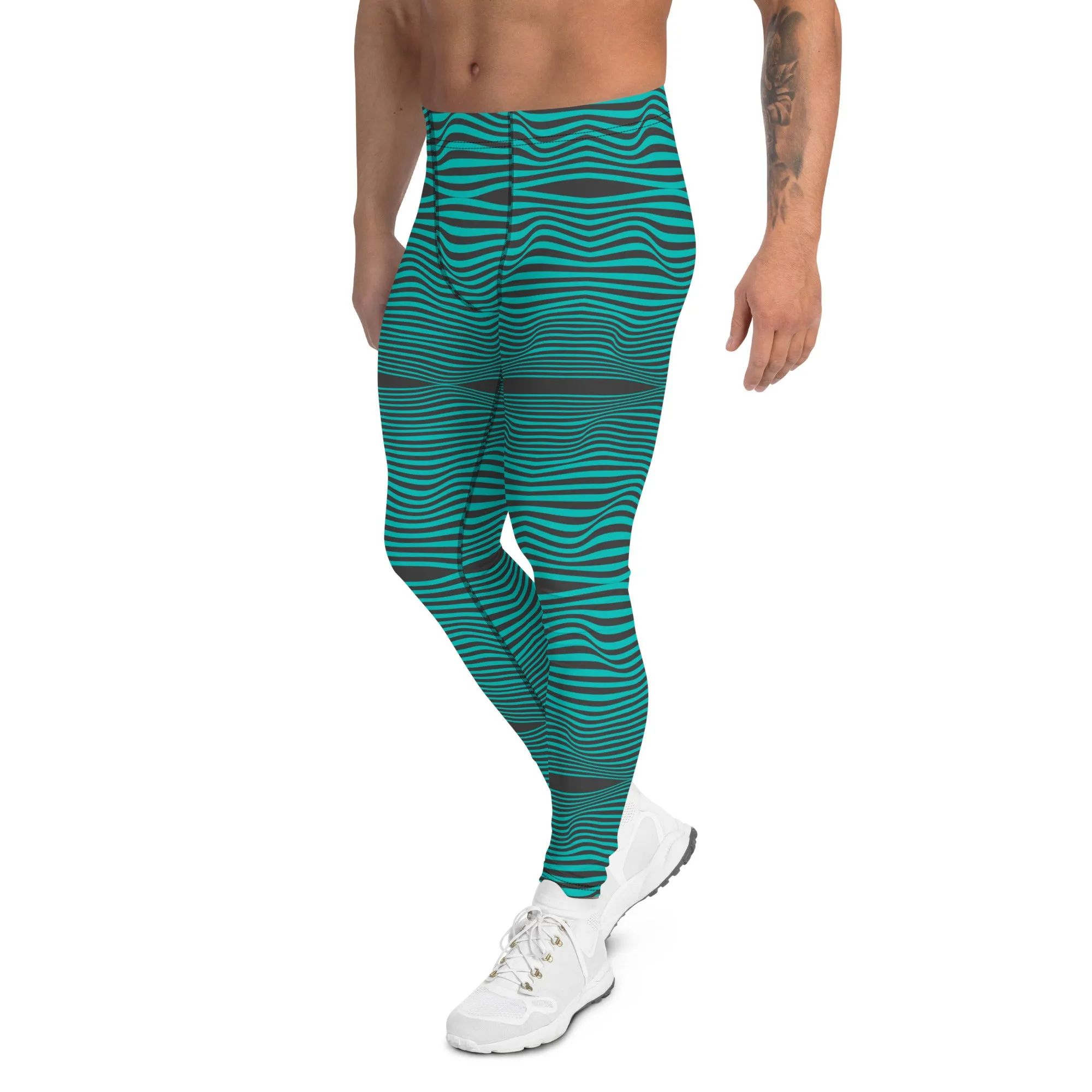 Blue Wavy Best Men's Leggings, Retro Style Wavy Designer Men's Compression Sports Tights - Made in USA/EU/MX