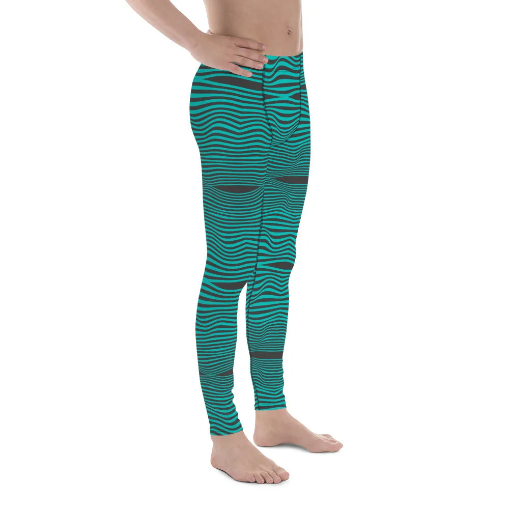 Blue Wavy Best Men's Leggings, Retro Style Wavy Designer Men's Compression Sports Tights - Made in USA/EU/MX