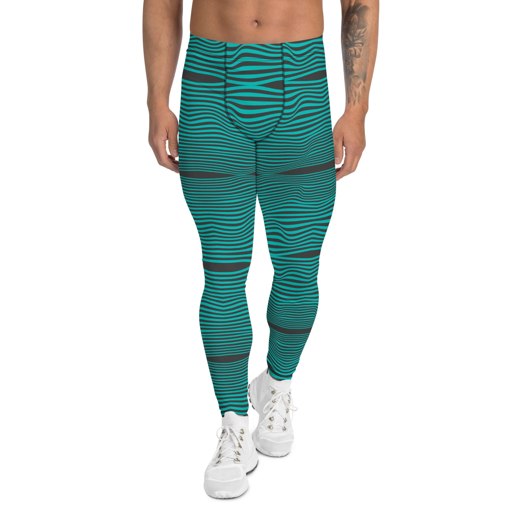 Blue Wavy Best Men's Leggings, Retro Style Wavy Designer Men's Compression Sports Tights - Made in USA/EU/MX