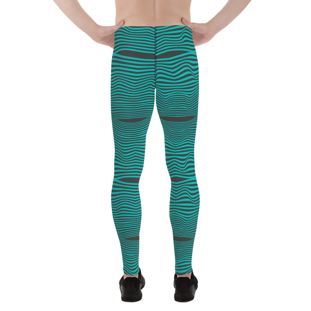 Blue Wavy Best Men's Leggings, Retro Style Wavy Designer Men's Compression Sports Tights - Made in USA/EU/MX