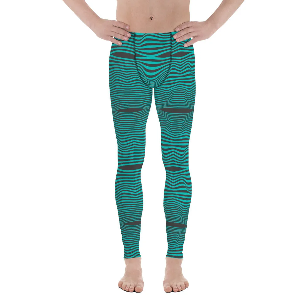 Blue Wavy Best Men's Leggings, Retro Style Wavy Designer Men's Compression Sports Tights - Made in USA/EU/MX
