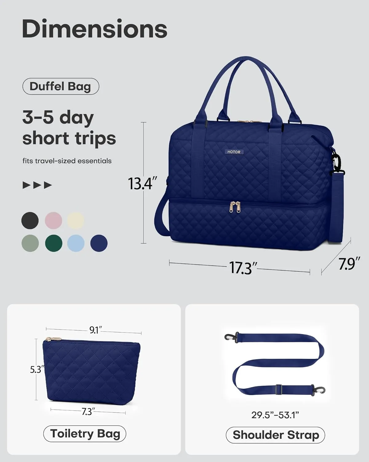 HOTOR Travel Duffel Bag - Weekender Bags for Women, Carry On Overnight Bag with Shoe Compartment, with Toiletry Bag for Travel Essentials and Travel Accessories, Dark Blue, 13.4"??17.3"??7.9"